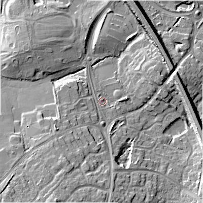 Shaded relief map of the ground around B913LU, computed from Environment Agency LiDAR. The ground here sits at about 125 m above sea level and falls 19 m across the surrounding 800 m. Surface water reaching this point runs off ground lying to the west-south-west, 6.8 m higher.