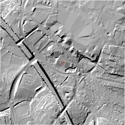 Shaded relief map of the ground around B913QD, computed from Environment Agency LiDAR. The ground here sits at about 122 m above sea level and falls 17 m across the surrounding 800 m. Surface water reaching this point runs off ground lying to the north-west, 12.6 m higher.