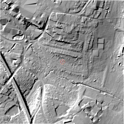 Shaded relief map of the ground around B913RN, computed from Environment Agency LiDAR. The ground here sits at about 119 m above sea level and falls 18 m across the surrounding 800 m. Surface water reaching this point runs off ground lying to the north, 12.1 m higher.