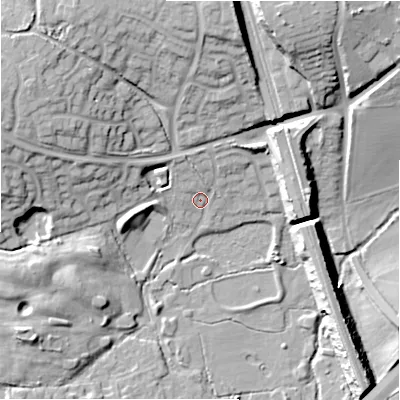 Shaded relief map of the ground around B913SZ, computed from Environment Agency LiDAR. The ground here sits at about 120 m above sea level and falls 22 m across the surrounding 800 m. Surface water reaching this point runs off ground lying to the north-north-east, 18.0 m higher.