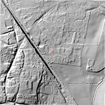Shaded relief map of the ground around B920BP, computed from Environment Agency LiDAR. The ground here sits at about 98 m above sea level and falls 32 m across the surrounding 800 m. Surface water reaching this point runs off ground lying to the south-west, 3.0 m higher.
