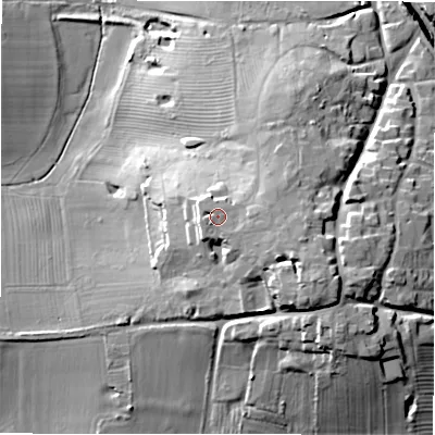 Shaded relief map of the ground around B920EN, computed from Environment Agency LiDAR. The ground here sits at about 115 m above sea level and falls 26 m across the surrounding 800 m. Surface water reaching this point runs off ground lying to the east-south-east, 3.5 m higher.