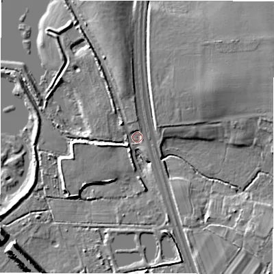 Shaded relief map of the ground around B920LS, computed from Environment Agency LiDAR. The ground here sits at about 90 m above sea level and falls 13 m across the surrounding 800 m. Surface water reaching this point runs off ground lying to the north-north-west, 5.4 m higher.