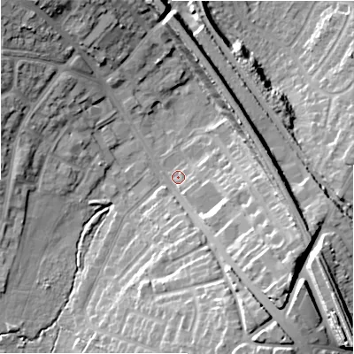 Shaded relief map of the ground around B927HP, computed from Environment Agency LiDAR. The ground here sits at about 112 m above sea level and falls 20 m across the surrounding 800 m. Surface water reaching this point runs off ground lying to the south-south-east, 18.7 m higher.