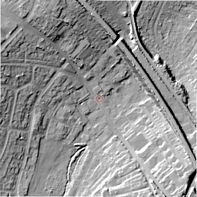 Shaded relief map of the ground around B927HS, computed from Environment Agency LiDAR. The ground here sits at about 112 m above sea level and falls 22 m across the surrounding 800 m. Surface water reaching this point runs off ground lying to the west, 16.6 m higher.