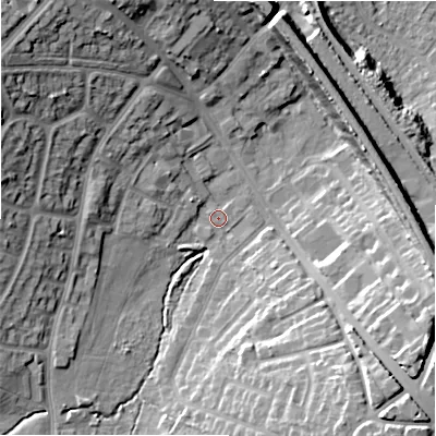 Shaded relief map of the ground around B927HU, computed from Environment Agency LiDAR. The ground here sits at about 112 m above sea level and falls 22 m across the surrounding 800 m. Surface water reaching this point runs off ground lying to the south-west, 8.2 m higher.