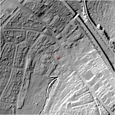 Shaded relief map of the ground around B927HX, computed from Environment Agency LiDAR. The ground here sits at about 113 m above sea level and falls 24 m across the surrounding 800 m. Surface water reaching this point runs off ground lying to the west-south-west, 8.9 m higher.