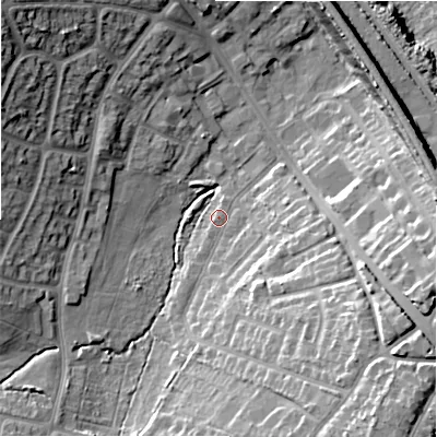 Shaded relief map of the ground around B927HY, computed from Environment Agency LiDAR. The ground here sits at about 113 m above sea level and falls 21 m across the surrounding 800 m. Surface water reaching this point runs off ground lying to the south-east, 13.4 m higher.