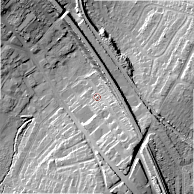 Shaded relief map of the ground around B927JE, computed from Environment Agency LiDAR. The ground here sits at about 113 m above sea level and falls 20 m across the surrounding 800 m. Surface water reaching this point runs off ground lying to the south-south-east, 14.4 m higher.