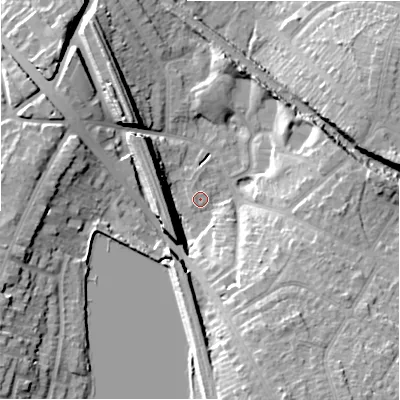 Shaded relief map of the ground around B928BF, computed from Environment Agency LiDAR. The ground here sits at about 116 m above sea level and falls 22 m across the surrounding 800 m. Surface water reaching this point runs off ground lying to the south-south-east, 19.6 m higher.