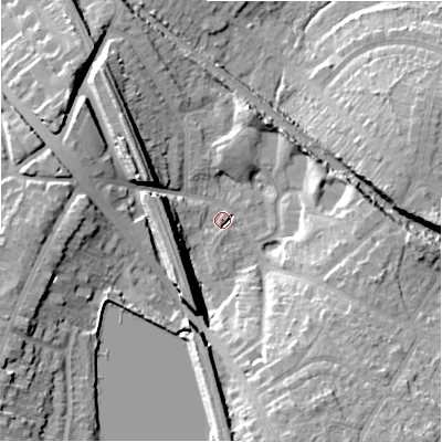 Shaded relief map of the ground around B928BQ, computed from Environment Agency LiDAR. The ground here sits at about 114 m above sea level and falls 22 m across the surrounding 800 m. Surface water reaching this point runs off ground lying to the south-south-east, 18.6 m higher.