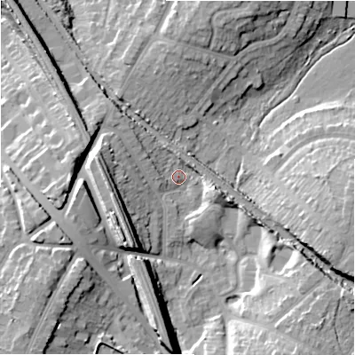 Shaded relief map of the ground around B928BT, computed from Environment Agency LiDAR. The ground here sits at about 115 m above sea level and falls 22 m across the surrounding 800 m. Surface water reaching this point runs off ground lying to the west, 13.3 m higher.