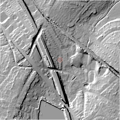 Shaded relief map of the ground around B928BU, computed from Environment Agency LiDAR. The ground here sits at about 117 m above sea level and falls 22 m across the surrounding 800 m. Surface water reaching this point runs off ground lying to the south-west, 17.3 m higher.