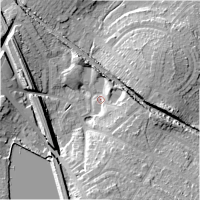 Shaded relief map of the ground around B928BX, computed from Environment Agency LiDAR. The ground here sits at about 115 m above sea level and falls 21 m across the surrounding 800 m. Surface water reaching this point runs off ground lying to the south, 16.7 m higher.