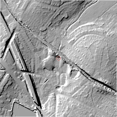 Shaded relief map of the ground around B928BY, computed from Environment Agency LiDAR. The ground here sits at about 115 m above sea level and falls 21 m across the surrounding 800 m. Surface water reaching this point runs off ground lying to the west-south-west, 16.2 m higher.