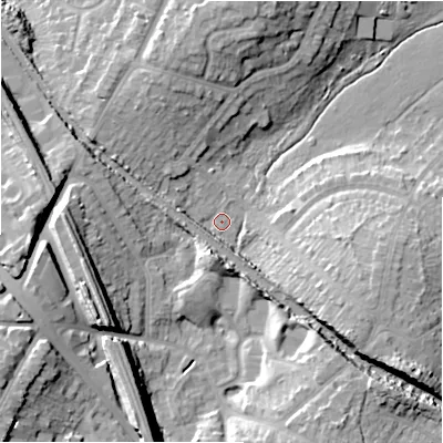 Shaded relief map of the ground around B928DH, computed from Environment Agency LiDAR. The ground here sits at about 112 m above sea level and falls 23 m across the surrounding 800 m. Surface water reaching this point runs off ground lying to the south-east, 11.4 m higher.