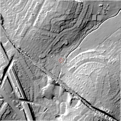 Shaded relief map of the ground around B928DJ, computed from Environment Agency LiDAR. The ground here sits at about 111 m above sea level and falls 23 m across the surrounding 800 m. Surface water reaching this point runs off ground lying to the south-east, 12.7 m higher.