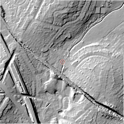 Shaded relief map of the ground around B928DQ, computed from Environment Agency LiDAR. The ground here sits at about 112 m above sea level and falls 23 m across the surrounding 800 m. Surface water reaching this point runs off ground lying to the south-east, 11.8 m higher.