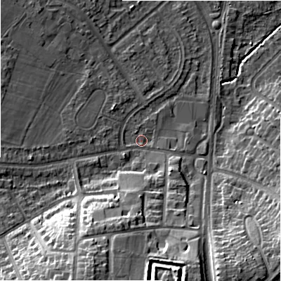 Shaded relief map of the ground around B928DT, computed from Environment Agency LiDAR. The ground here sits at about 102 m above sea level and falls 21 m across the surrounding 800 m. Surface water reaching this point runs off ground lying to the south-south-west, 16.7 m higher.