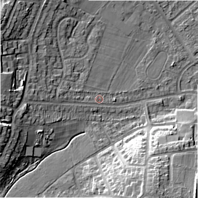 Shaded relief map of the ground around B928DX, computed from Environment Agency LiDAR. The ground here sits at about 106 m above sea level and falls 18 m across the surrounding 800 m. Surface water reaching this point runs off ground lying to the west-south-west, 12.6 m higher.