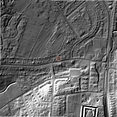 Shaded relief map of the ground around B928DY, computed from Environment Agency LiDAR. The ground here sits at about 104 m above sea level and falls 20 m across the surrounding 800 m. Surface water reaching this point runs off ground lying to the south, 15.4 m higher.