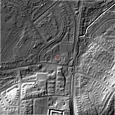 Shaded relief map of the ground around B928DZ, computed from Environment Agency LiDAR. The ground here sits at about 102 m above sea level and falls 22 m across the surrounding 800 m. Surface water reaching this point runs off ground lying to the south-west, 1.2 m higher.
