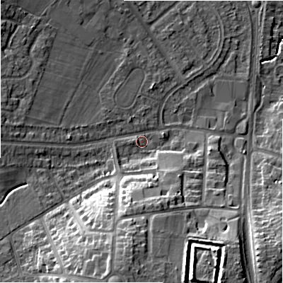 Shaded relief map of the ground around B928ED, computed from Environment Agency LiDAR. The ground here sits at about 103 m above sea level and falls 21 m across the surrounding 800 m. Surface water reaching this point runs off ground lying to the south, 15.7 m higher.
