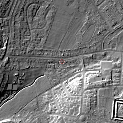 Shaded relief map of the ground around B928EE, computed from Environment Agency LiDAR. The ground here sits at about 105 m above sea level and falls 18 m across the surrounding 800 m. Surface water reaching this point runs off ground lying to the west, 9.7 m higher.