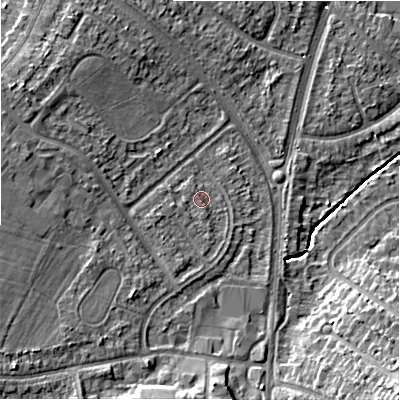 Shaded relief map of the ground around B928EL, computed from Environment Agency LiDAR. The ground here sits at about 102 m above sea level and falls 12 m across the surrounding 800 m. Surface water reaching this point runs off ground lying to the west-south-west, 0.6 m higher.