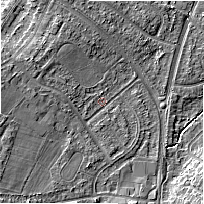 Shaded relief map of the ground around B928EN, computed from Environment Agency LiDAR. The ground here sits at about 102 m above sea level and falls 9 m across the surrounding 800 m. Surface water reaching this point runs off ground lying to the south-west, 5.0 m higher.