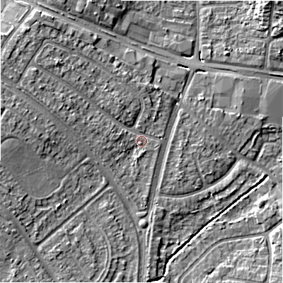 Shaded relief map of the ground around B928ET, computed from Environment Agency LiDAR. The ground here sits at about 100 m above sea level and falls 10 m across the surrounding 800 m. Surface water reaching this point runs off ground lying to the west-north-west, 4.3 m higher.