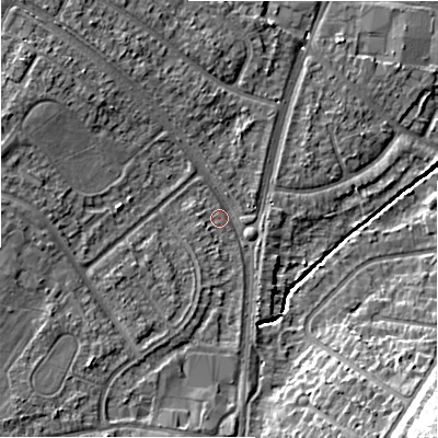 Shaded relief map of the ground around B928HE, computed from Environment Agency LiDAR. The ground here sits at about 101 m above sea level and falls 16 m across the surrounding 800 m. Surface water reaching this point runs off ground lying to the west, 1.6 m higher.