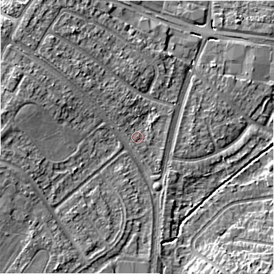Shaded relief map of the ground around B928HP, computed from Environment Agency LiDAR. The ground here sits at about 101 m above sea level and falls 10 m across the surrounding 800 m. Surface water reaching this point runs off ground lying to the north-west, 1.3 m higher.