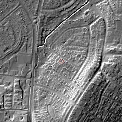 Shaded relief map of the ground around B928HU, computed from Environment Agency LiDAR. The ground here sits at about 104 m above sea level and falls 20 m across the surrounding 800 m. Surface water reaching this point runs off ground lying to the south-east, 11.2 m higher.