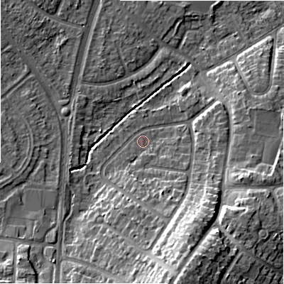 Shaded relief map of the ground around B928HX, computed from Environment Agency LiDAR. The ground here sits at about 99 m above sea level and falls 19 m across the surrounding 800 m. Surface water reaching this point runs off ground lying to the south-south-east, 14.4 m higher.