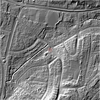 Shaded relief map of the ground around B928JE, computed from Environment Agency LiDAR. The ground here sits at about 97 m above sea level and falls 16 m across the surrounding 800 m. Surface water reaching this point runs off ground lying to the south-south-east, 11.4 m higher.