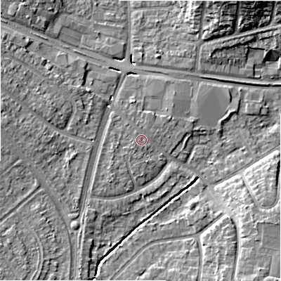 Shaded relief map of the ground around B928JF, computed from Environment Agency LiDAR. The ground here sits at about 99 m above sea level and falls 13 m across the surrounding 800 m. Surface water reaching this point runs off ground lying to the west-south-west, 1.7 m higher.