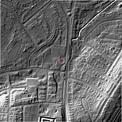 Shaded relief map of the ground around B928JN, computed from Environment Agency LiDAR. The ground here sits at about 102 m above sea level and falls 22 m across the surrounding 800 m. Surface water reaching this point runs off ground lying to the south, 14.3 m higher.