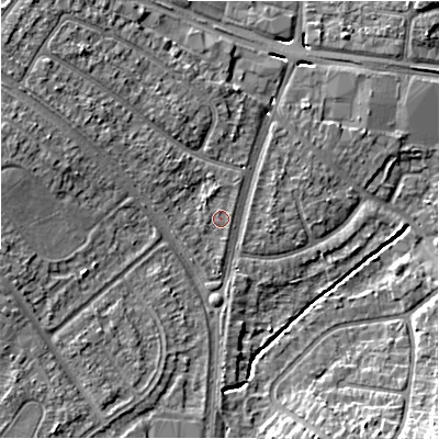 Shaded relief map of the ground around B928JR, computed from Environment Agency LiDAR. The ground here sits at about 100 m above sea level and falls 11 m across the surrounding 800 m. Surface water reaching this point runs off ground lying to the south-west, 1.0 m higher.