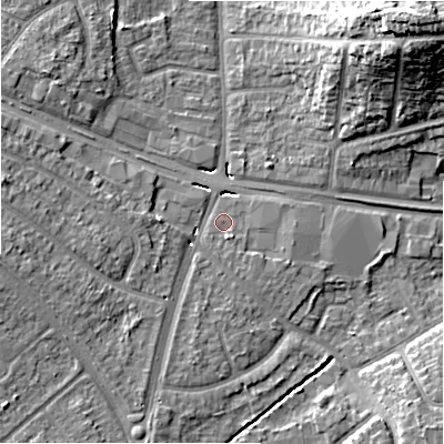 Shaded relief map of the ground around B928JT, computed from Environment Agency LiDAR. The ground here sits at about 98 m above sea level and falls 22 m across the surrounding 800 m. Surface water reaching this point runs off ground lying to the west, 5.3 m higher.