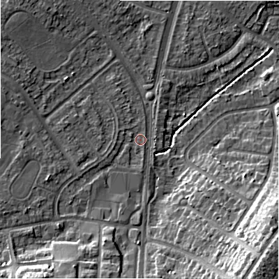 Shaded relief map of the ground around B928JW, computed from Environment Agency LiDAR. The ground here sits at about 101 m above sea level and falls 20 m across the surrounding 800 m. Surface water reaching this point runs off ground lying to the south-west, 9.7 m higher.