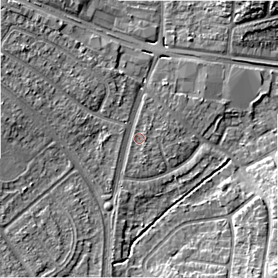Shaded relief map of the ground around B928JX, computed from Environment Agency LiDAR. The ground here sits at about 99 m above sea level and falls 10 m across the surrounding 800 m. Surface water reaching this point runs off ground lying to the south-south-east, 1.0 m higher.