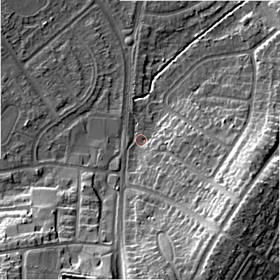 Shaded relief map of the ground around B928JZ, computed from Environment Agency LiDAR. The ground here sits at about 101 m above sea level and falls 22 m across the surrounding 800 m. Surface water reaching this point runs off ground lying to the south-east, 14.7 m higher.