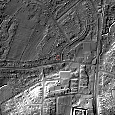 Shaded relief map of the ground around B928LD, computed from Environment Agency LiDAR. The ground here sits at about 103 m above sea level and falls 21 m across the surrounding 800 m. Surface water reaching this point runs off ground lying to the west, 1.0 m higher.
