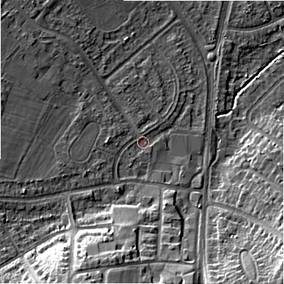 Shaded relief map of the ground around B928LE, computed from Environment Agency LiDAR. The ground here sits at about 102 m above sea level and falls 19 m across the surrounding 800 m. Surface water reaching this point runs off ground lying to the west-south-west, 1.9 m higher.