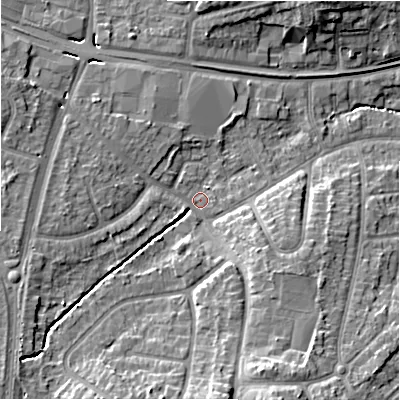 Shaded relief map of the ground around B928LN, computed from Environment Agency LiDAR. The ground here sits at about 97 m above sea level and falls 13 m across the surrounding 800 m. Surface water reaching this point runs off ground lying to the south-south-east, 10.8 m higher.