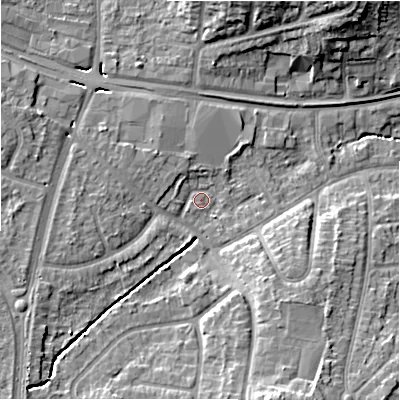 Shaded relief map of the ground around B928LP, computed from Environment Agency LiDAR. The ground here sits at about 97 m above sea level and falls 13 m across the surrounding 800 m. Surface water reaching this point runs off ground lying to the south-south-east, 10.1 m higher.
