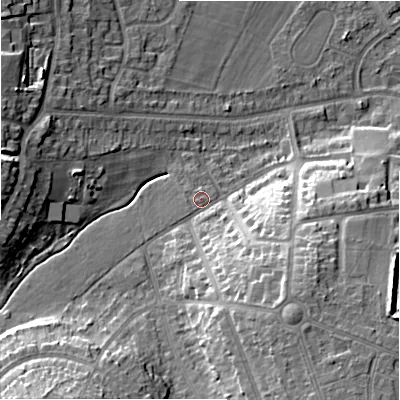 Shaded relief map of the ground around B928QG, computed from Environment Agency LiDAR. The ground here sits at about 107 m above sea level and falls 19 m across the surrounding 800 m. Surface water reaching this point runs off ground lying to the south-south-west, 13.8 m higher.