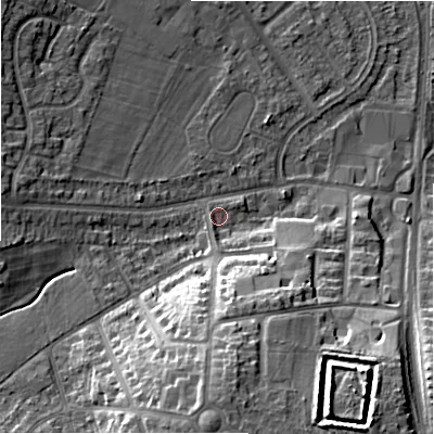 Shaded relief map of the ground around B928QN, computed from Environment Agency LiDAR. The ground here sits at about 104 m above sea level and falls 19 m across the surrounding 800 m. Surface water reaching this point runs off ground lying to the south, 14.6 m higher.