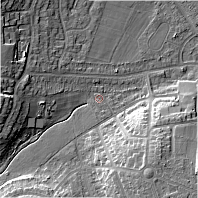 Shaded relief map of the ground around B928QQ, computed from Environment Agency LiDAR. The ground here sits at about 106 m above sea level and falls 18 m across the surrounding 800 m. Surface water reaching this point runs off ground lying to the west, 13.8 m higher.